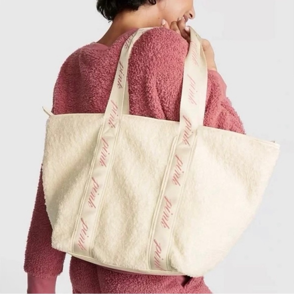 NWT PINK Victoria's Secret Cozy Plush Tote Bag Off White
